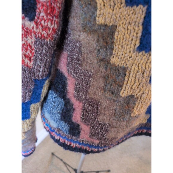 Hand Knit Sweater Crazy Quilt Intarsia Artsy Chevron Size Med Kilim Geometric - Picture 7 of 8